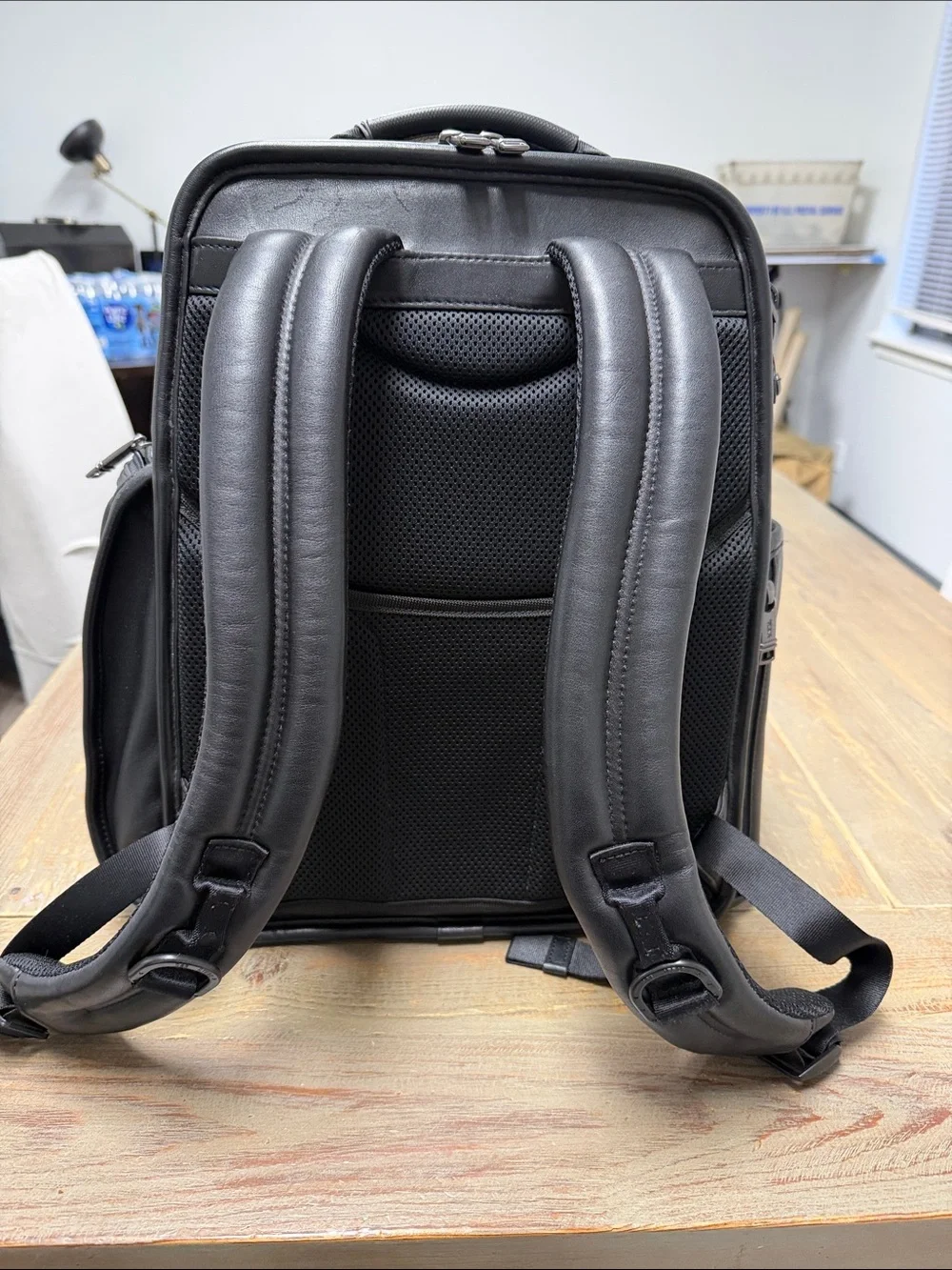 Tumi Black Leather Business Backpack with Front Organizer Pockets